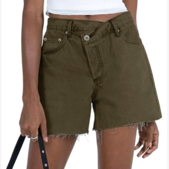 ZOLUCKY Ripped Jean Shorts for Women Mid Waisted Distressed Denim Shorts Khaki - Picture 1 of 4